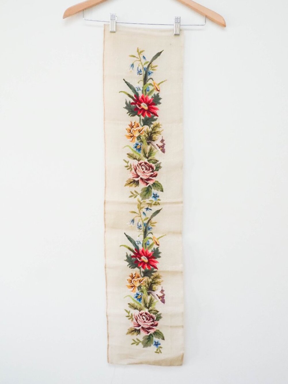 Vtg Needlepoint Banner - Vintage Floral Long Narrow Wall Hanging